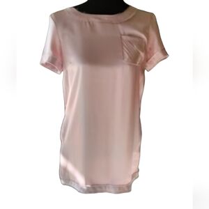 Women She Said Pink Short Sleeve Front Pocket Satin Silky Top Shirt Tee Blouse S